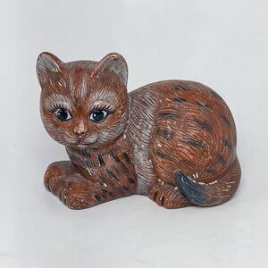 Vintage 1970s Hand Painted Ceramic Cat Figurine Cute Kitsch Brown 5”